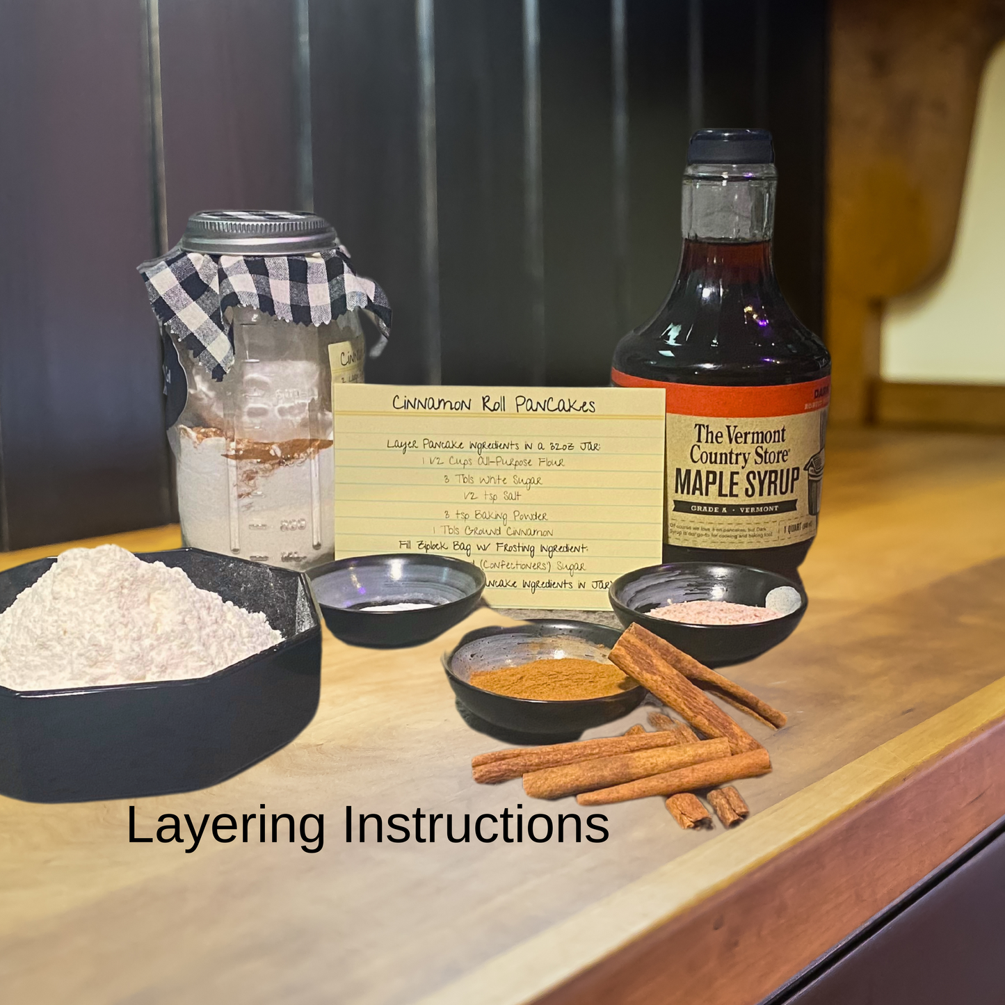 A Gift in a Jar Recipe Kit - Cinnamon Roll Pancakes - DIY Kit for 6 Unique Gifts