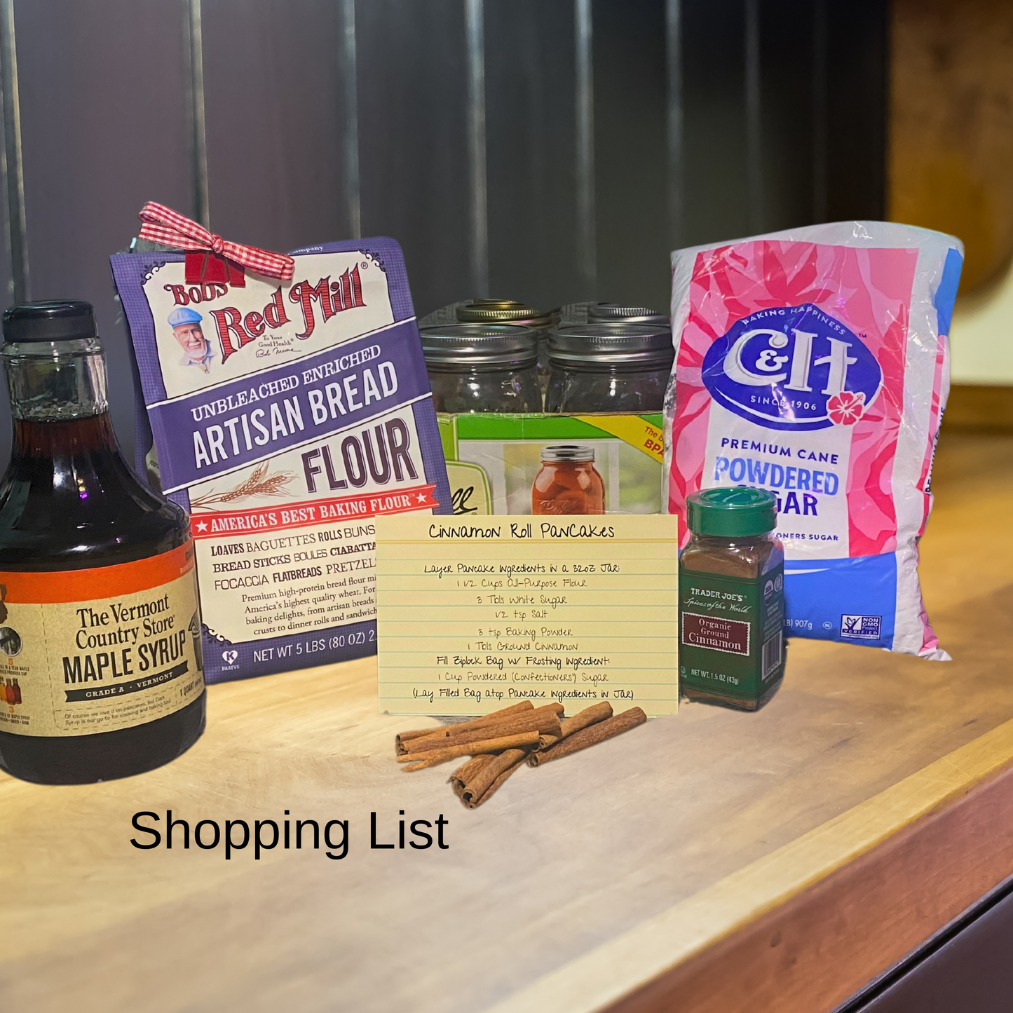 A Gift in a Jar Recipe Kit - Cinnamon Roll Pancakes - DIY Kit for 6 Unique Gifts