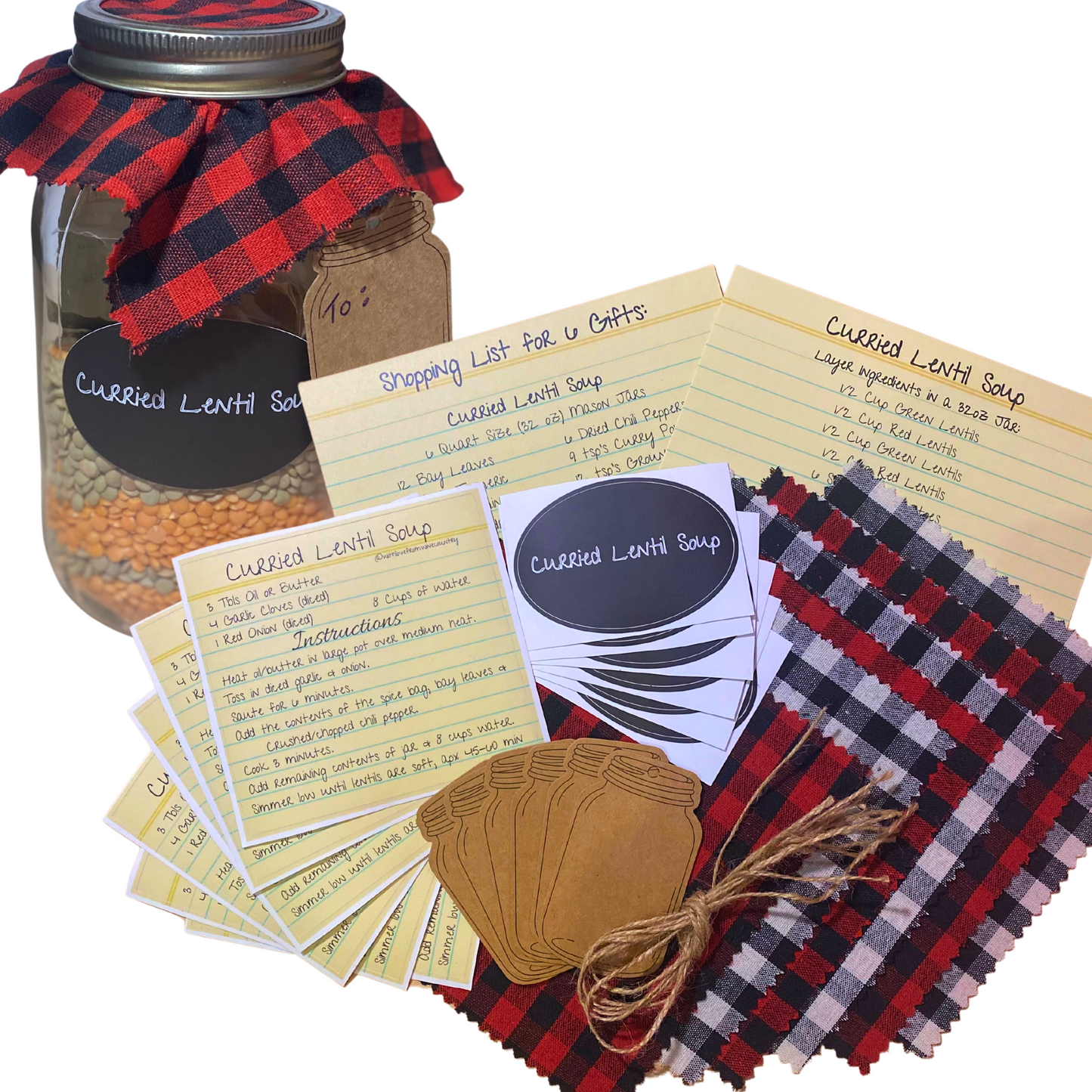 A Gift in a Jar Recipe Kit - Curried Lentil Soup -  DIY Kit for 6 Unique Gifts