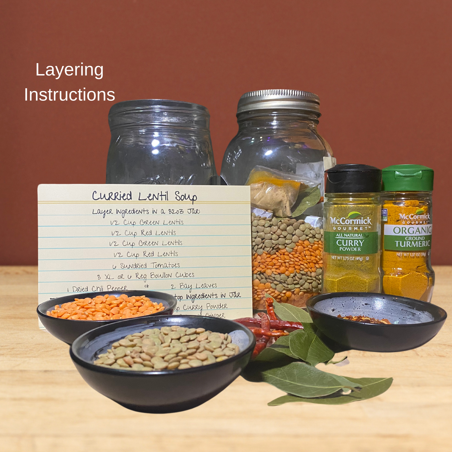 A Gift in a Jar Recipe Kit - Curried Lentil Soup -  DIY Kit for 6 Unique Gifts