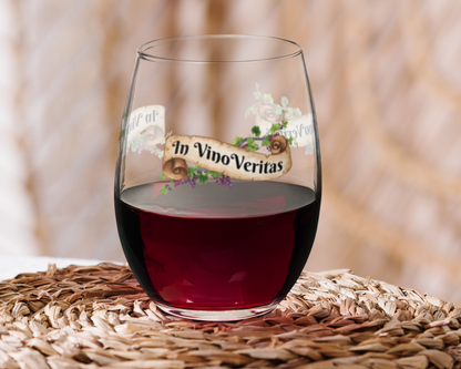 In Vino Veritas Stemless Wine Glass - 15 oz Glass Tumbler