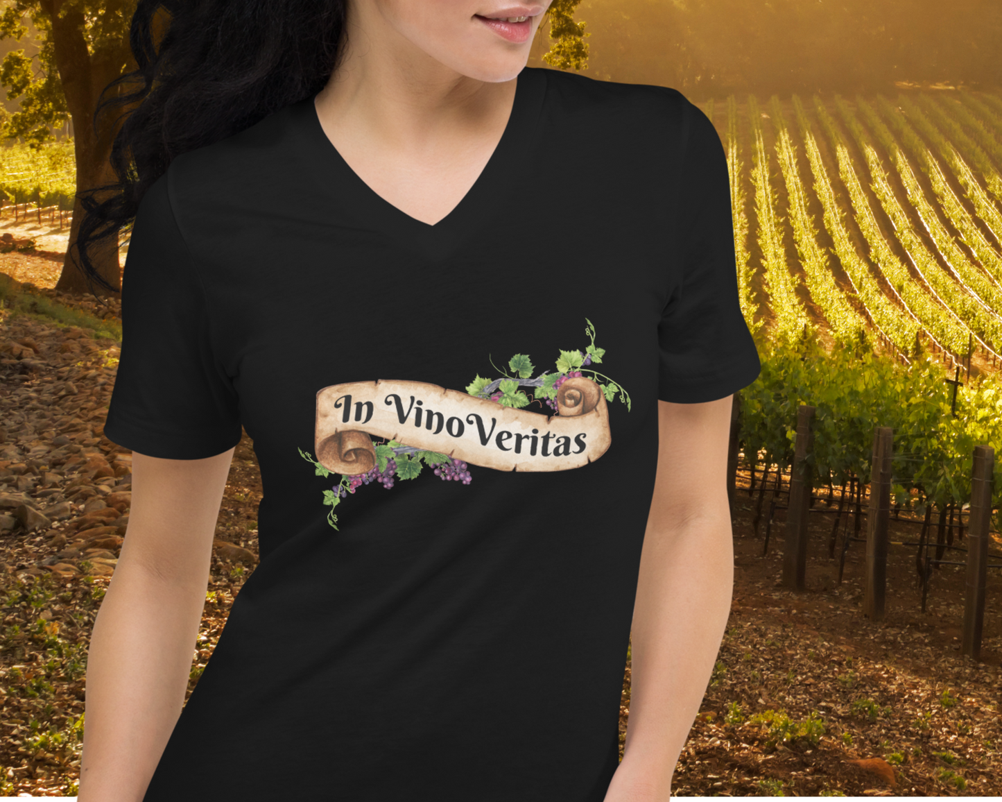 In Vino Veritas Wine T-Shirt - Unisex V-Neck Design for Wine Lovers