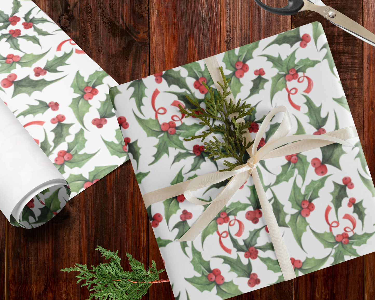 Holly Christmas Wrapping Paper Set (3 Sheets)