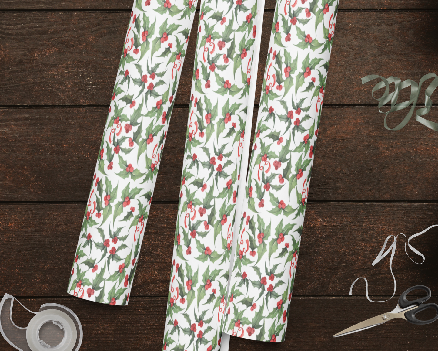 Holly Christmas Wrapping Paper Set (3 Sheets)