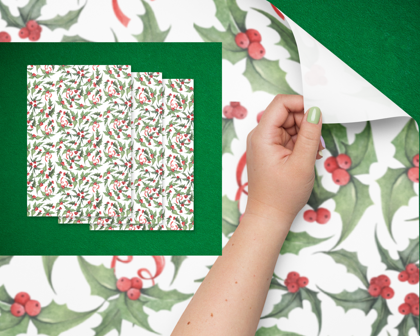 Holly Christmas Wrapping Paper Set (3 Sheets)