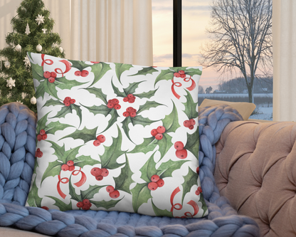 Classic Christmas Holly Throw Pillow Cover and Pillow- Festive Holiday Home Decor