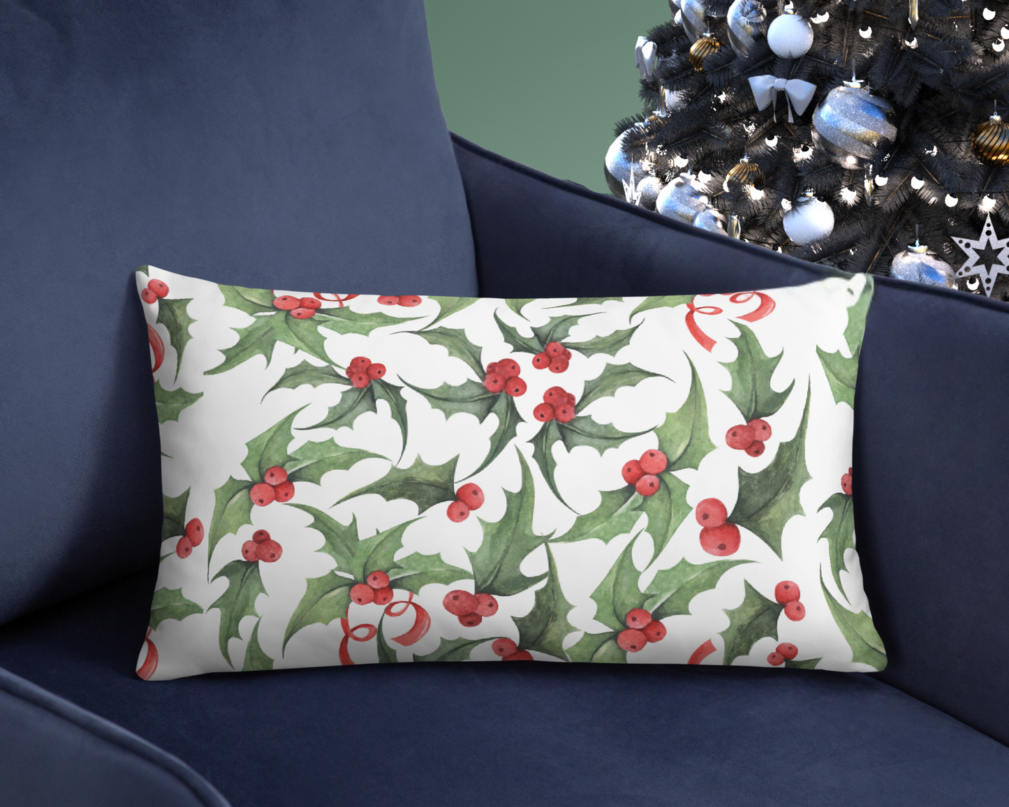 Classic Christmas Holly Throw Pillow Cover and Pillow- Festive Holiday Home Decor