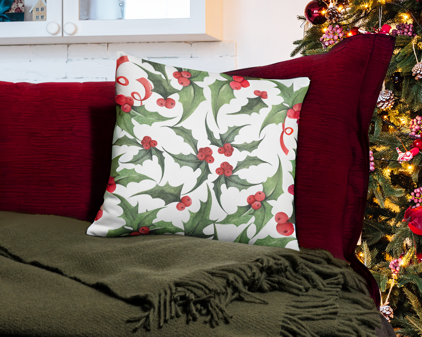 Classic Christmas Holly Throw Pillow Cover and Pillow- Festive Holiday Home Decor