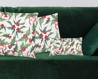 Classic Christmas Holly Throw Pillow Cover and Pillow- Festive Holiday Home Decor