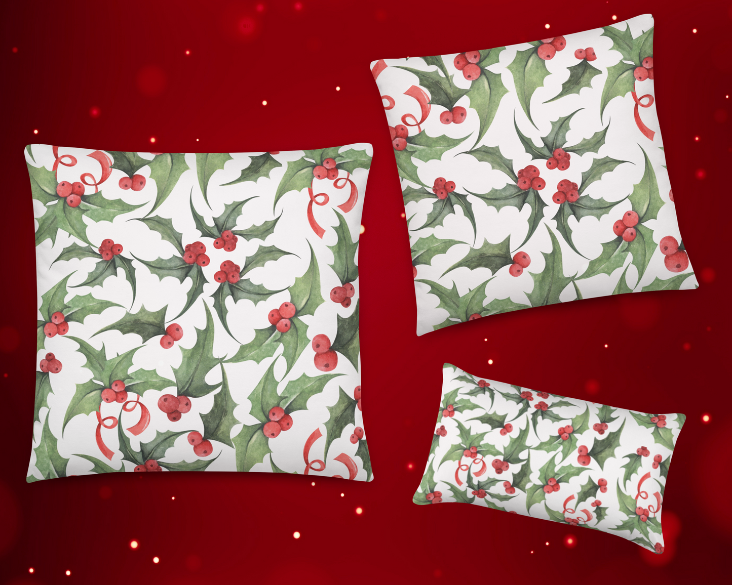 Classic Christmas Holly Throw Pillow Cover and Pillow- Festive Holiday Home Decor