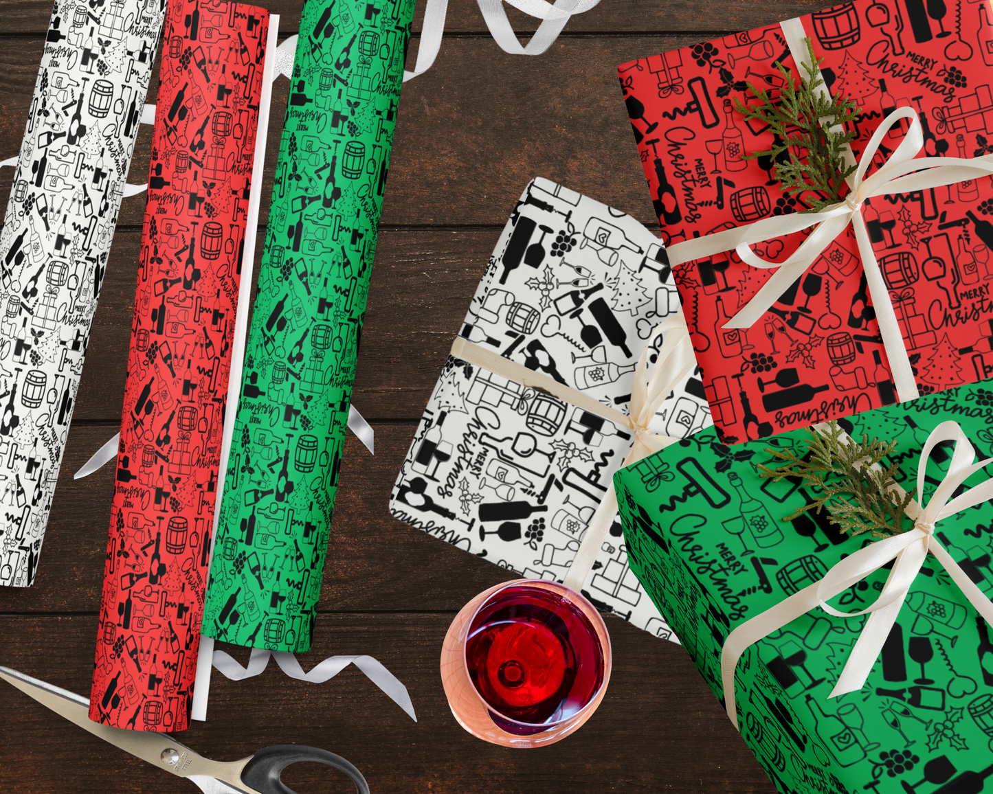 Wine Themed Premium Christmas Wrapping Paper Set - Red-Green-White