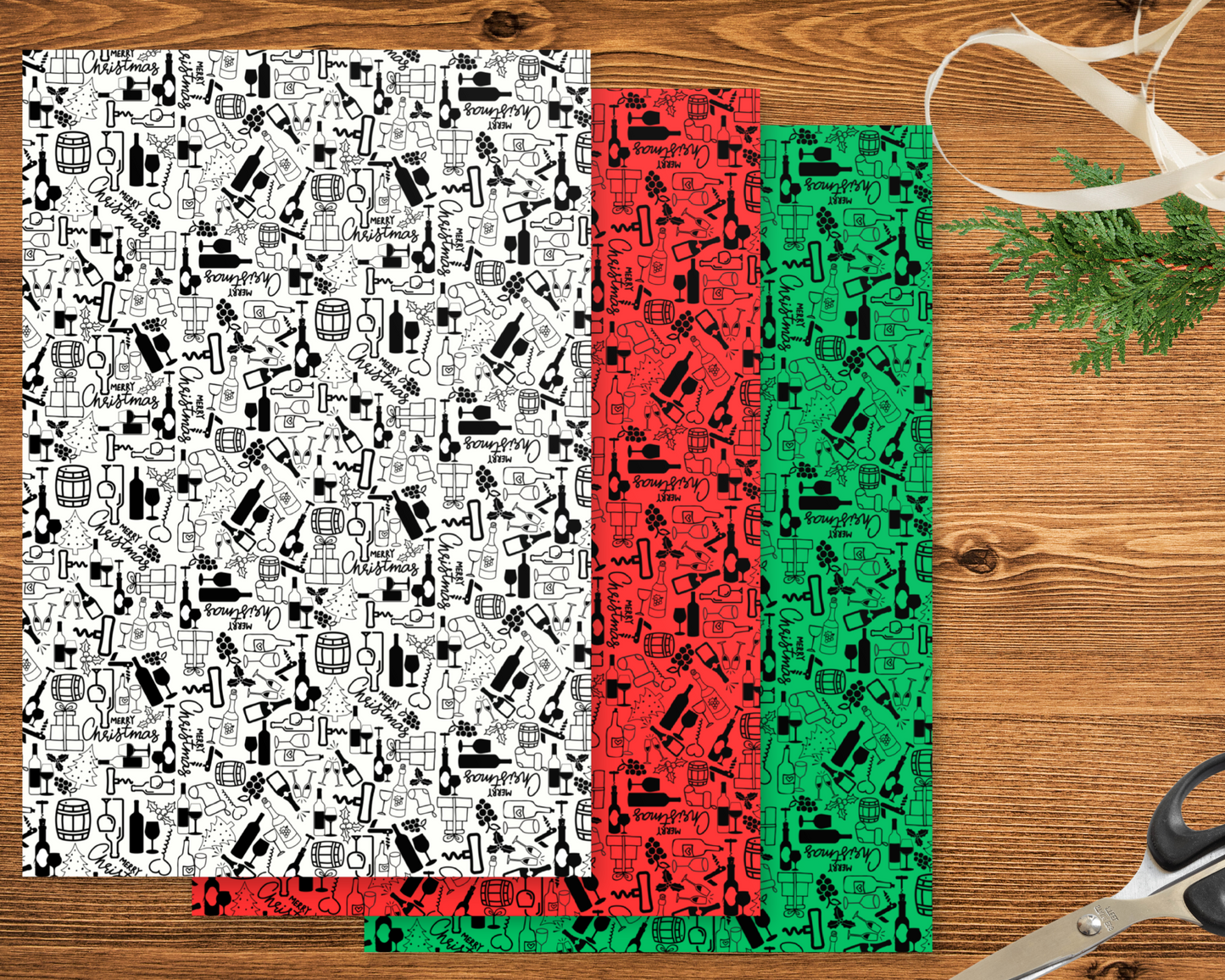 Wine Themed Premium Christmas Wrapping Paper Set - Red-Green-White