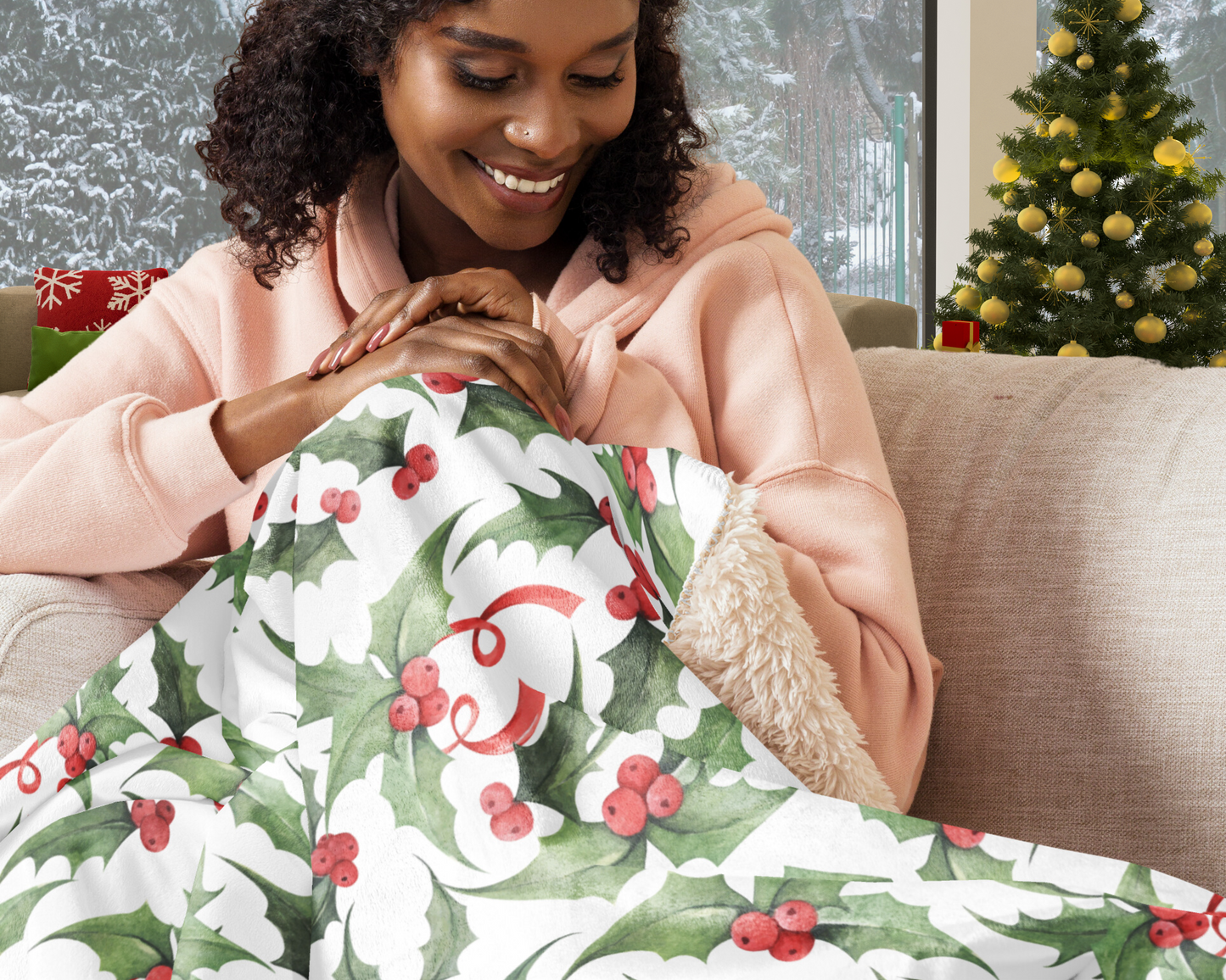 Classic Christmas Holly Throw Blanket - 50x60 | Prem. Polyester Sherpa Blanket for Festive Comfort