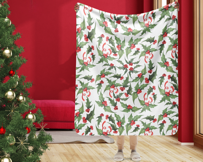 Classic Christmas Holly Throw Blanket - 50x60 | Prem. Polyester Sherpa Blanket for Festive Comfort