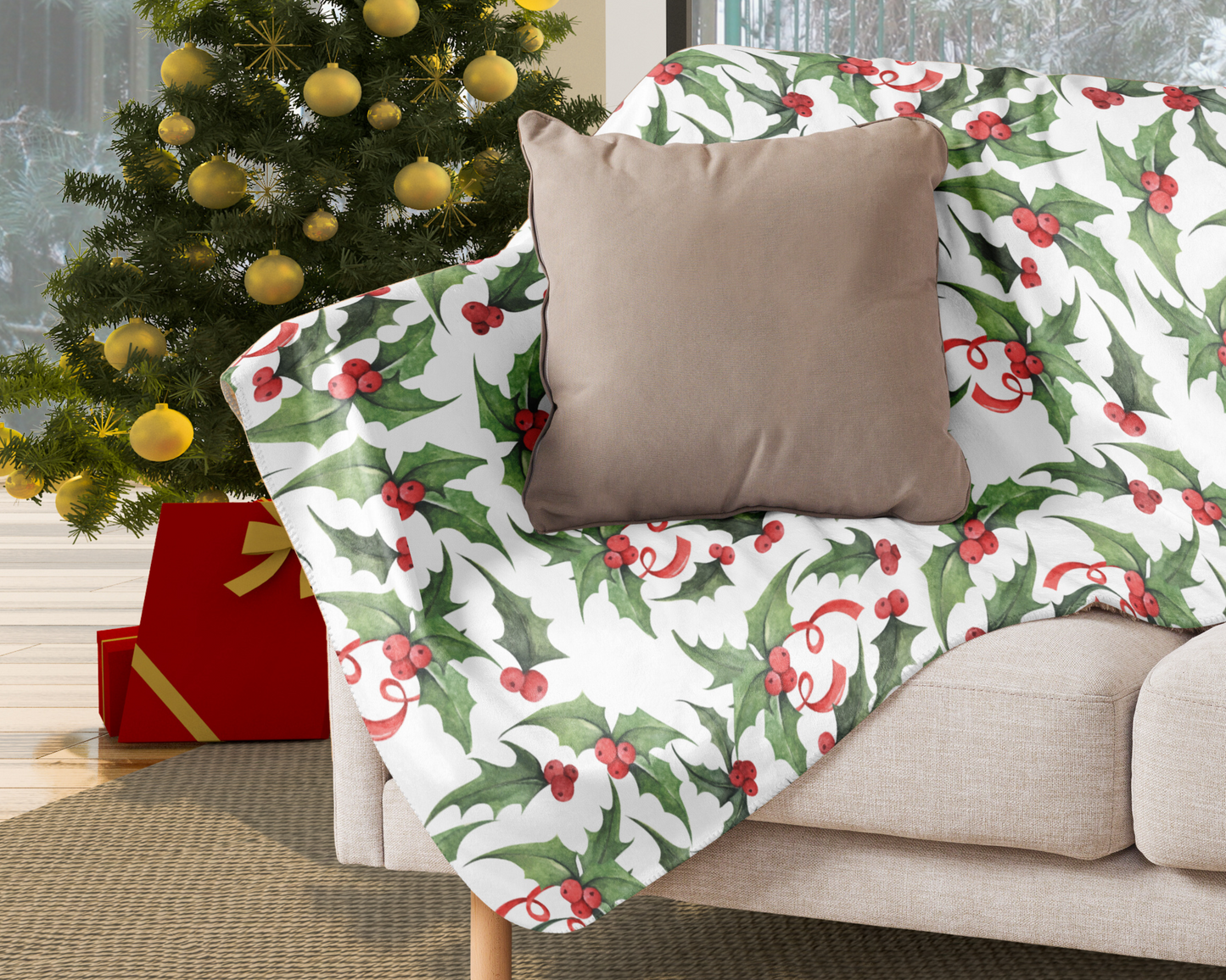 Classic Christmas Holly Throw Blanket - 50x60 | Prem. Polyester Sherpa Blanket for Festive Comfort