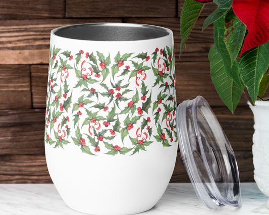 Christmas Holly Holiday Wine Tumbler with Lid - 12 oz | Festive Stainless Steel Drinkware