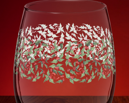 Christmas Holly Stemless Wine Glass - 15 oz - Festive Holiday Wine Tumbler