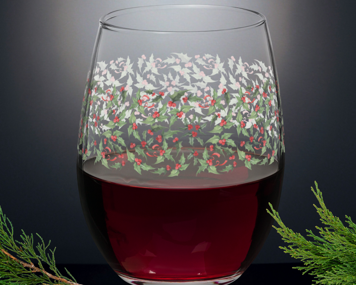 Christmas Holly Stemless Wine Glass - 15 oz - Festive Holiday Wine Tumbler