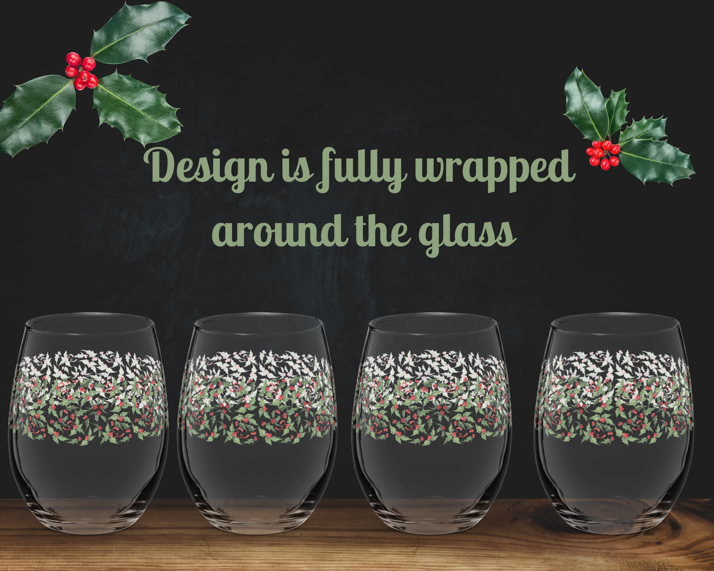 Christmas Holly Stemless Wine Glass - 15 oz - Festive Holiday Wine Tumbler