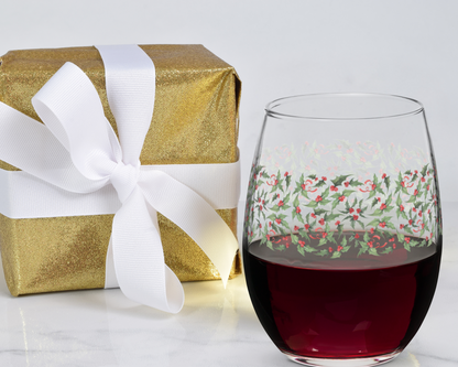 Christmas Holly Stemless Wine Glass - 15 oz - Festive Holiday Wine Tumbler