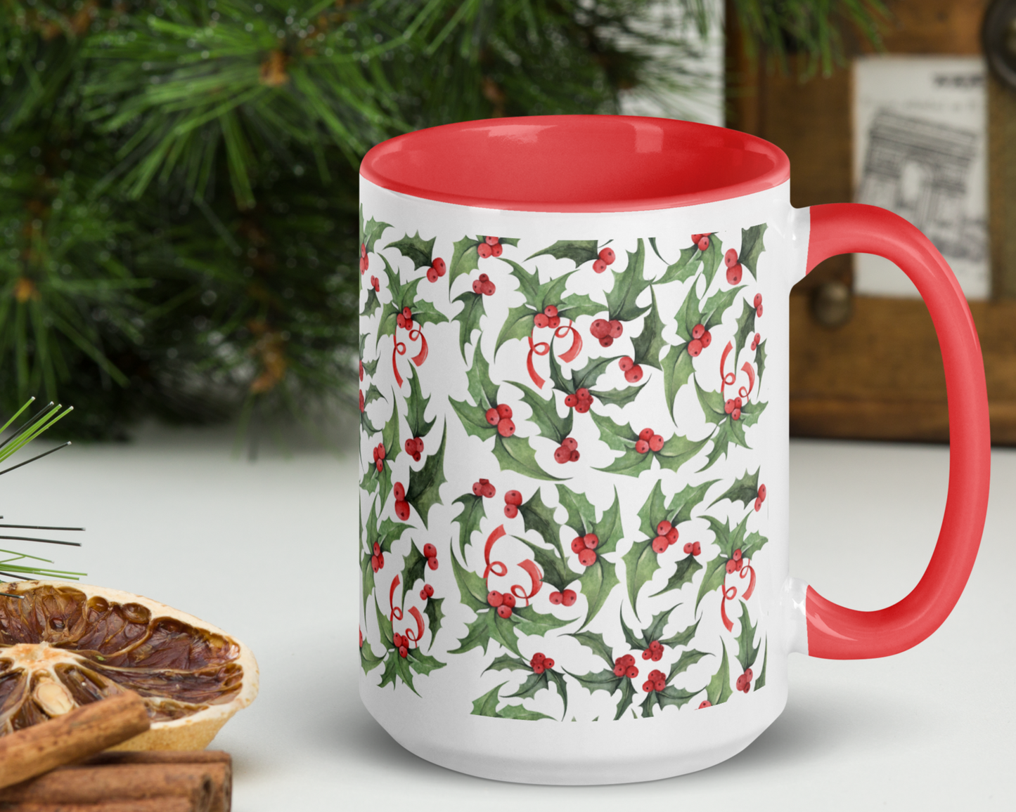 Christmas Holly Holiday Mug - Red or Green Accents, 11oz or 15oz Ceramic