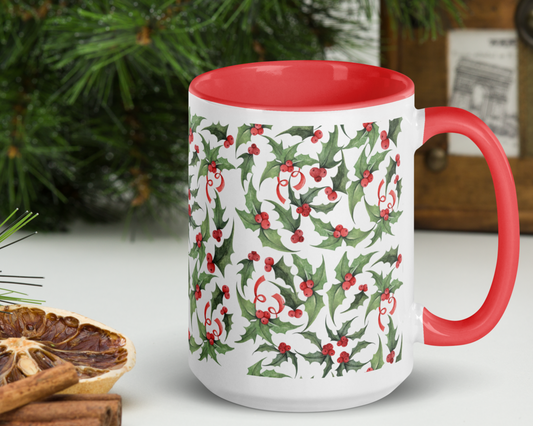 Christmas Holly Holiday Mug - Red or Green Accents, 11oz or 15oz Ceramic