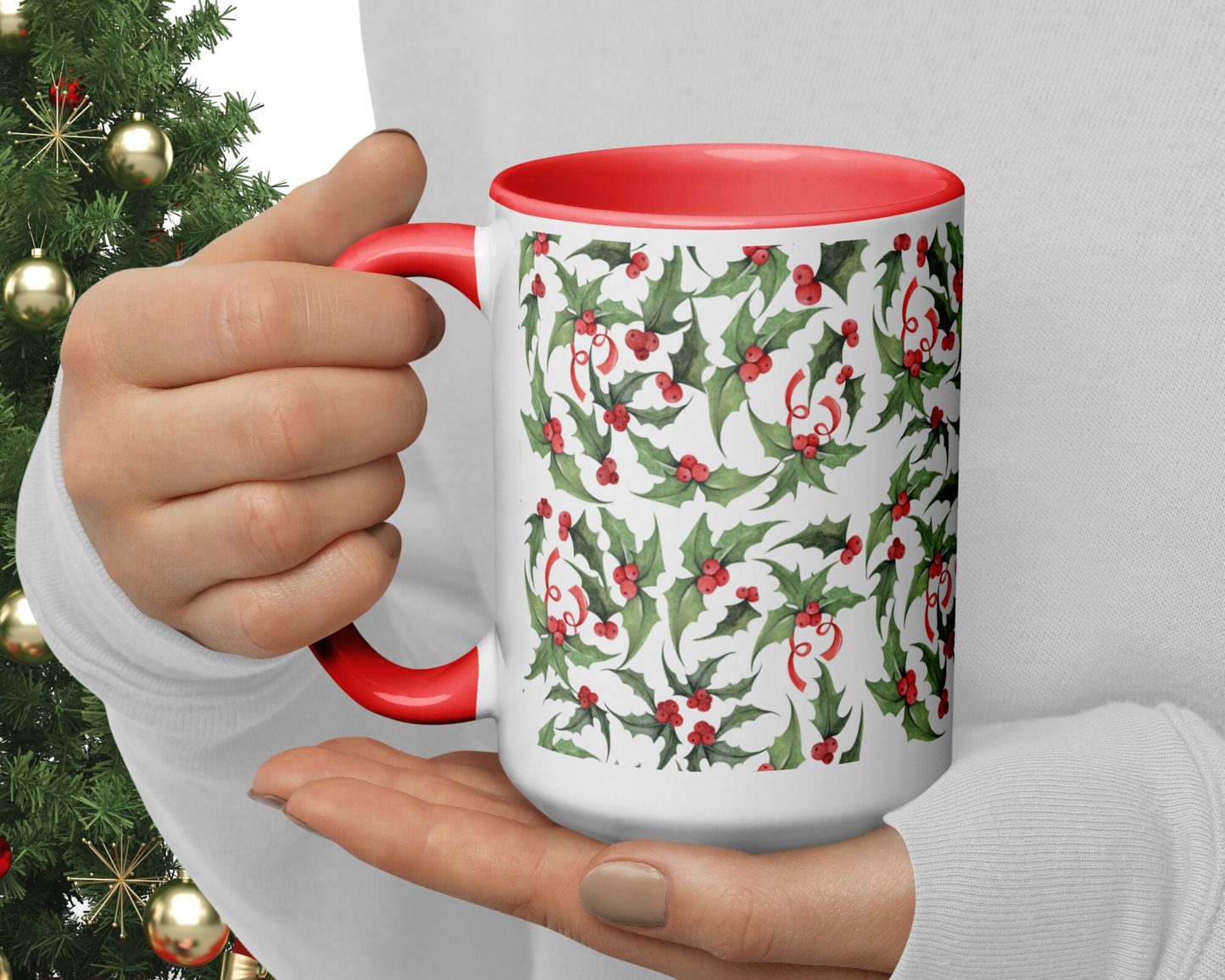 Christmas Holly Holiday Mug - Red or Green Accents, 11oz or 15oz Ceramic