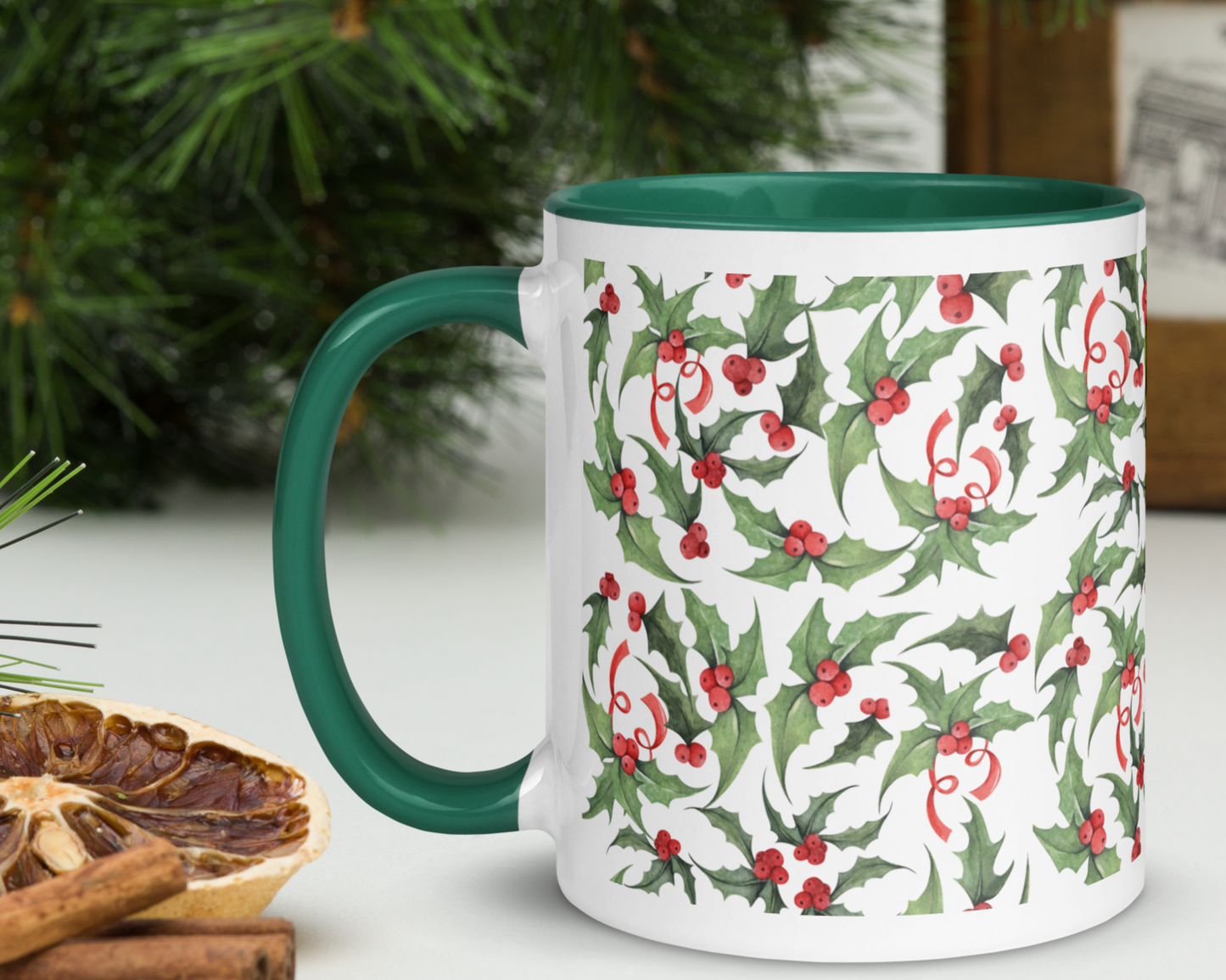 Christmas Holly Holiday Mug - Red or Green Accents, 11oz or 15oz Ceramic