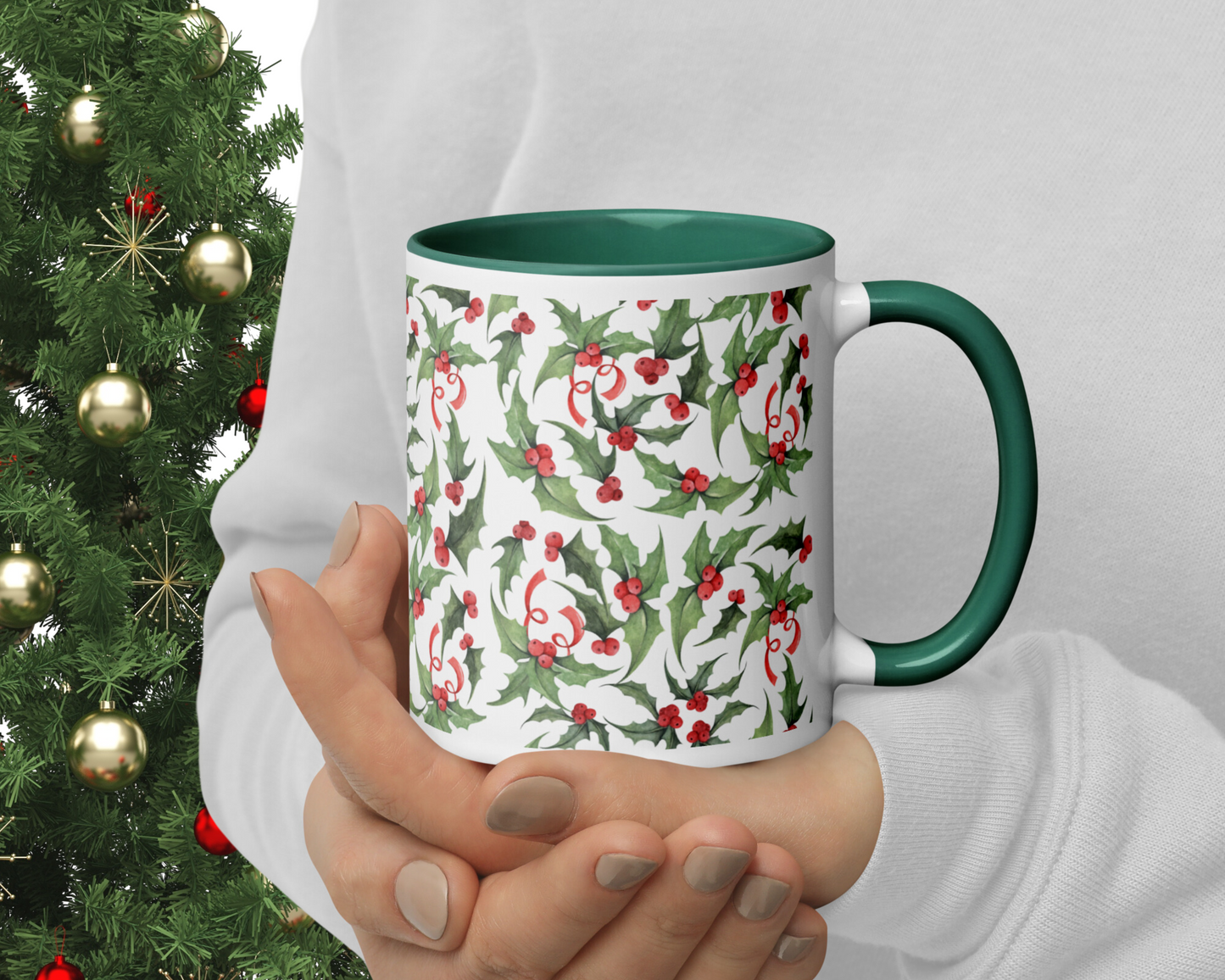 Christmas Holly Holiday Mug - Red or Green Accents, 11oz or 15oz Ceramic