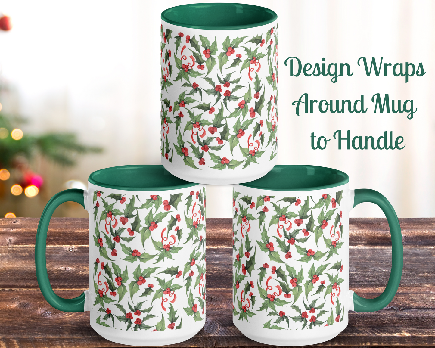 Christmas Holly Holiday Mug - Red or Green Accents, 11oz or 15oz Ceramic