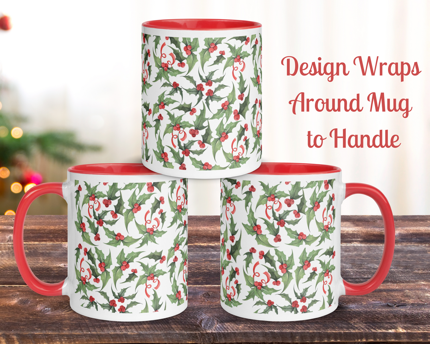 Christmas Holly Holiday Mug - Red or Green Accents, 11oz or 15oz Ceramic