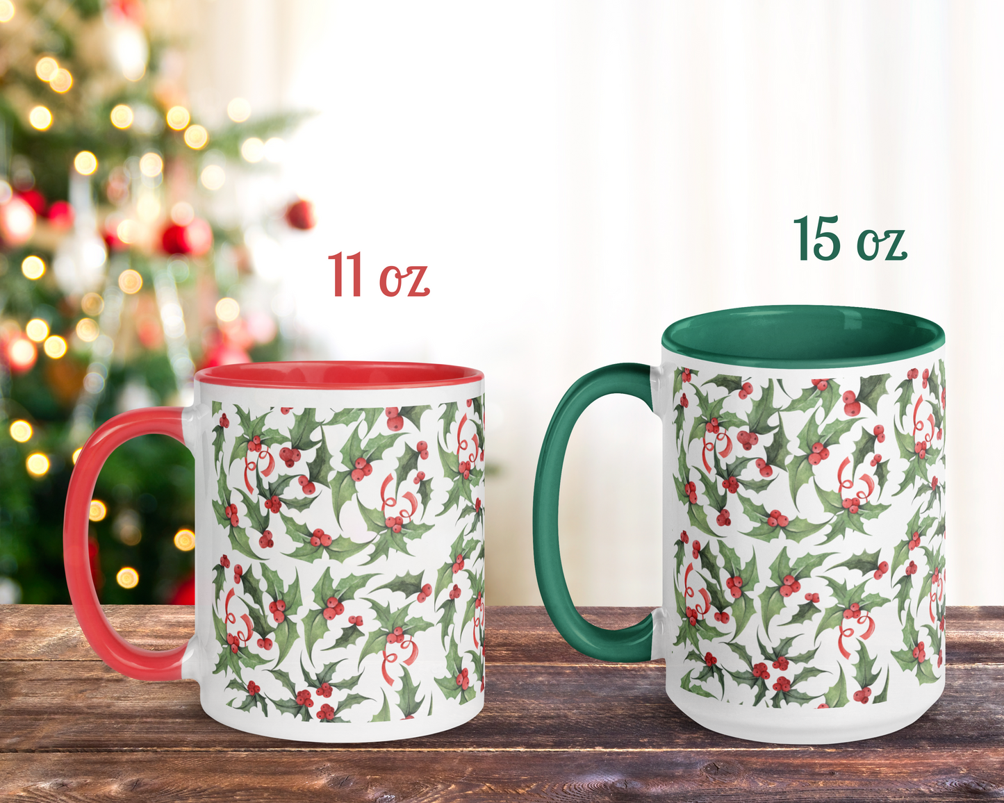 Christmas Holly Holiday Mug - Red or Green Accents, 11oz or 15oz Ceramic