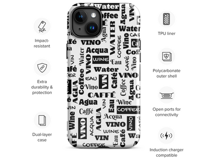 Black on White "Wine Water Coffee" Shock-Absorbing Tough Case for IPhone®