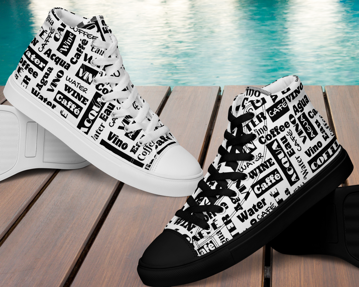 Women’s High Top Black/White "Wine Water Coffee" Canvas Shoes