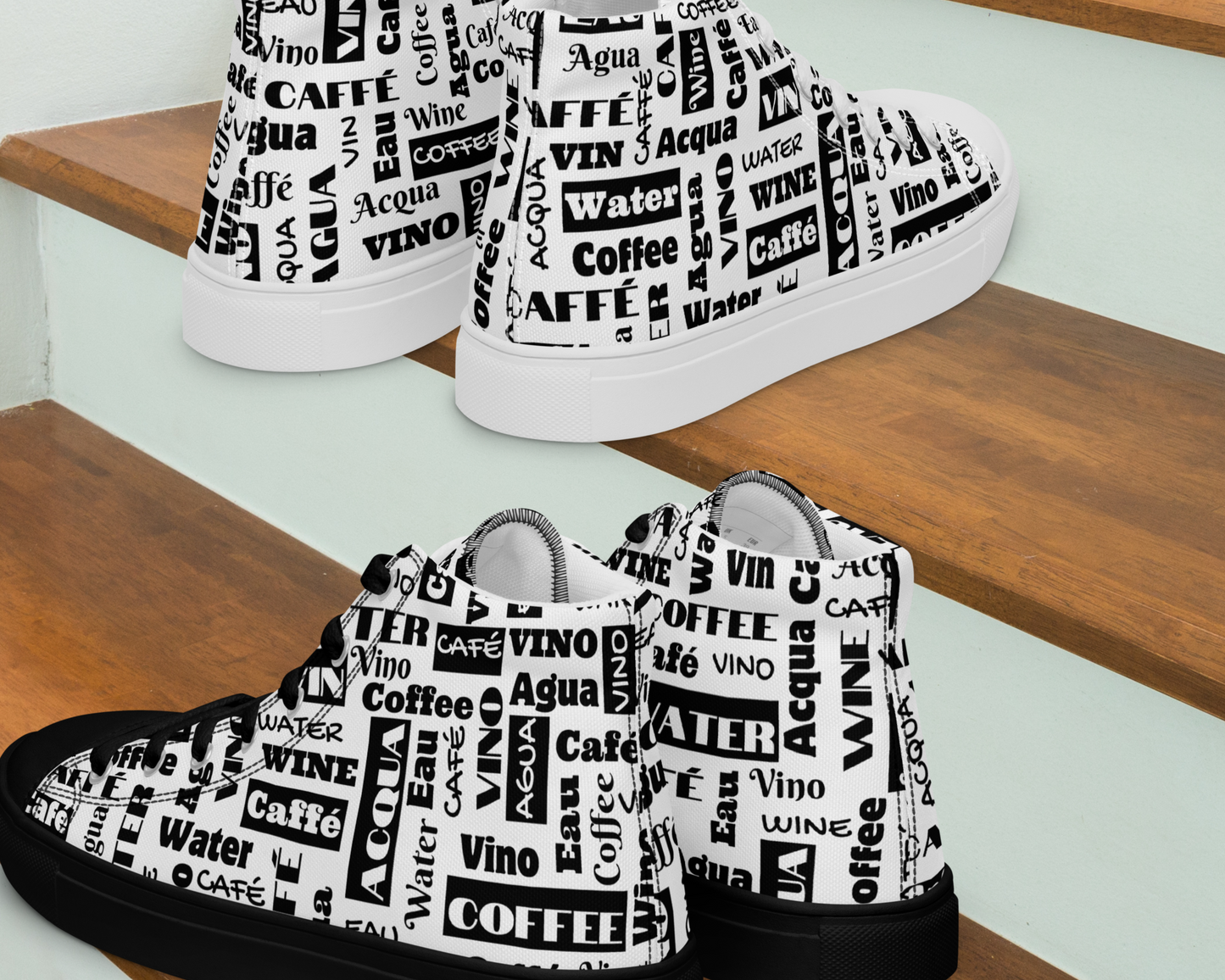 Women’s High Top Black/White "Wine Water Coffee" Canvas Shoes