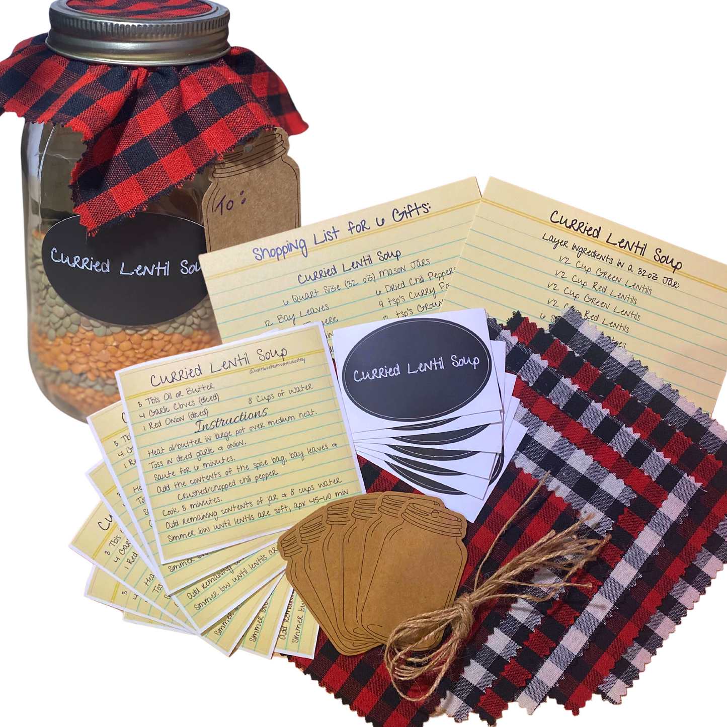 Gifts in a Jar Recipe Kit - Curried Lentil Soup -  DIY Kit for 6 Unique Gifts