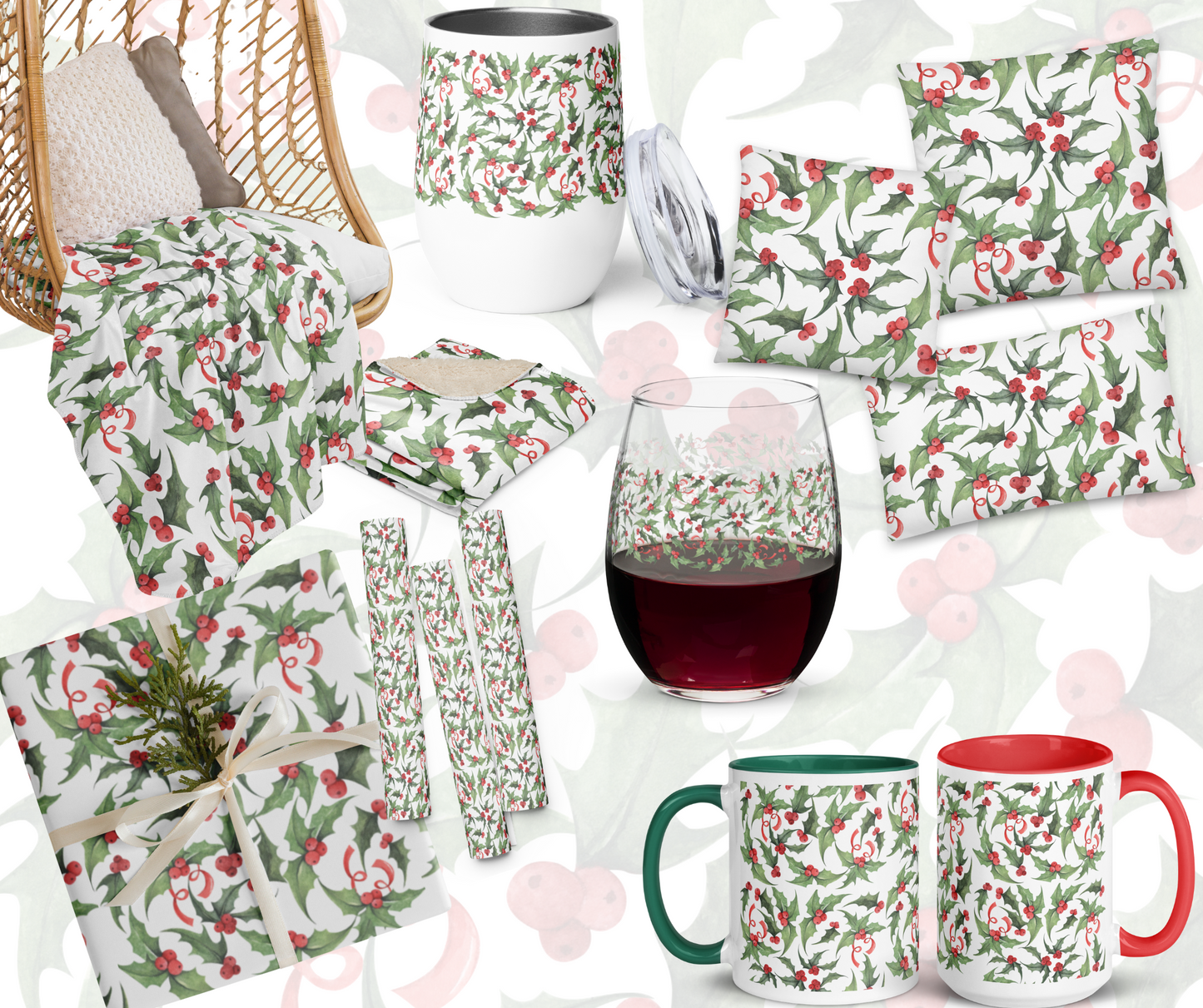 Christmas Holly Holiday Mug - Red or Green Accents, 11oz or 15oz Ceramic